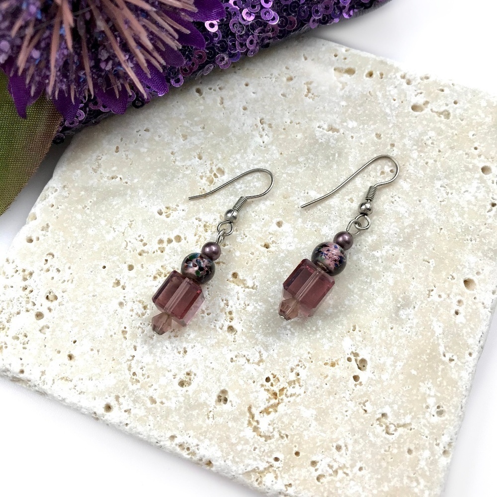 Purple Bead Dangle Earrings​​​